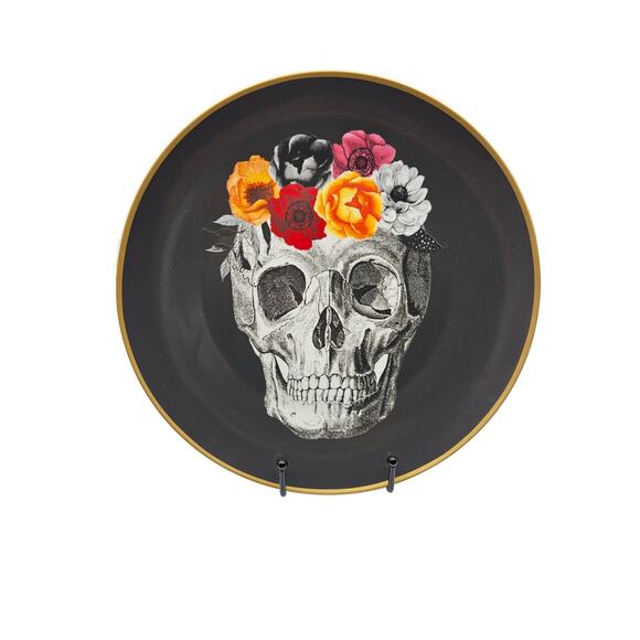 Harvest Green Studio Floral Skull Dinner Plates Made in England Black Orange Red - Picture 1 of 5